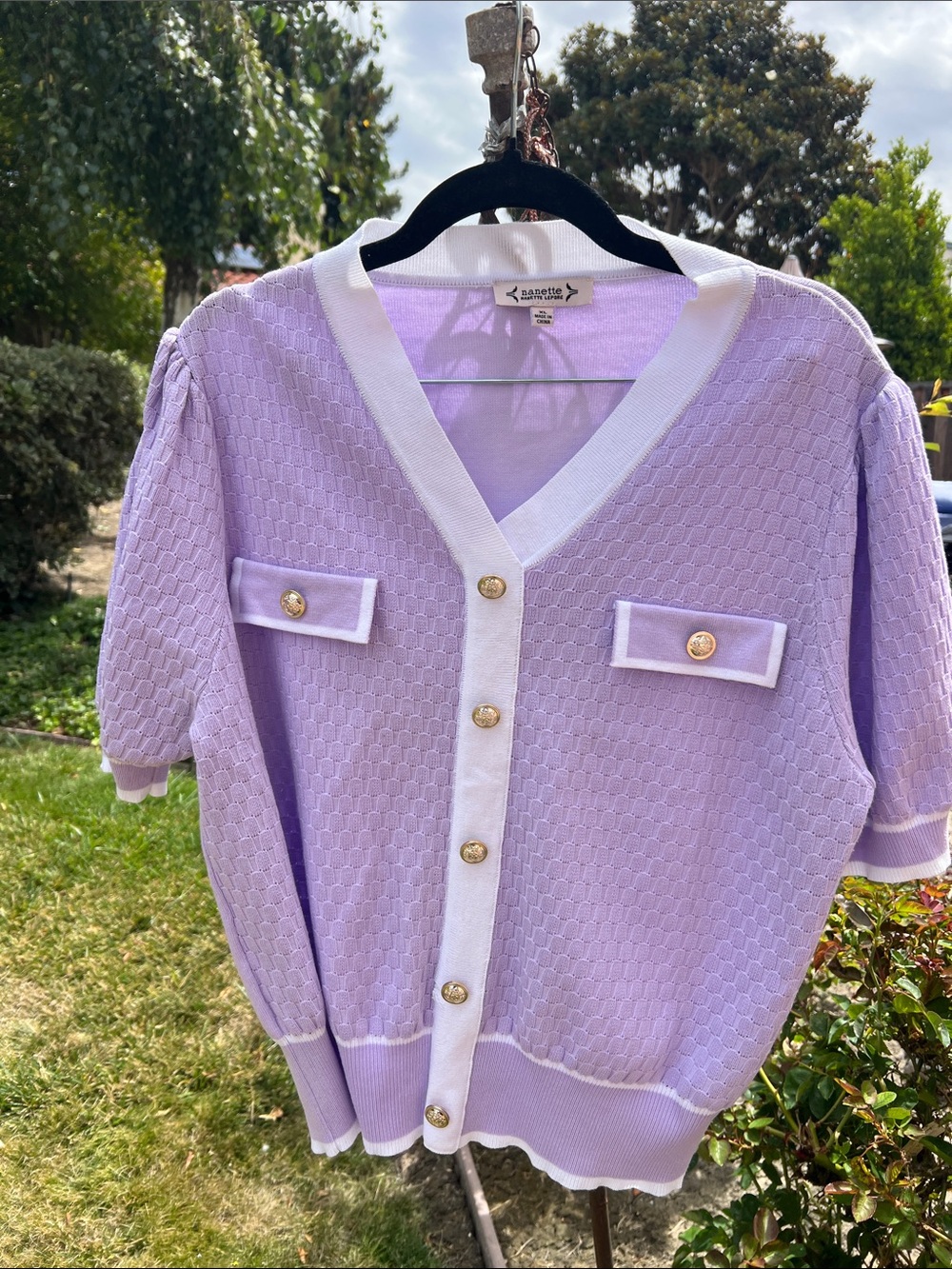 Nanette Lepore Lavender and White V‑Neck Short Sleeve Cardigan